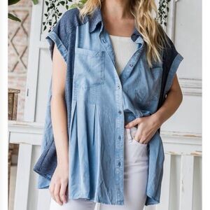Oli & Hali Pleated Flare Hem Chambray Light Blue Button-Down Women's Shirt